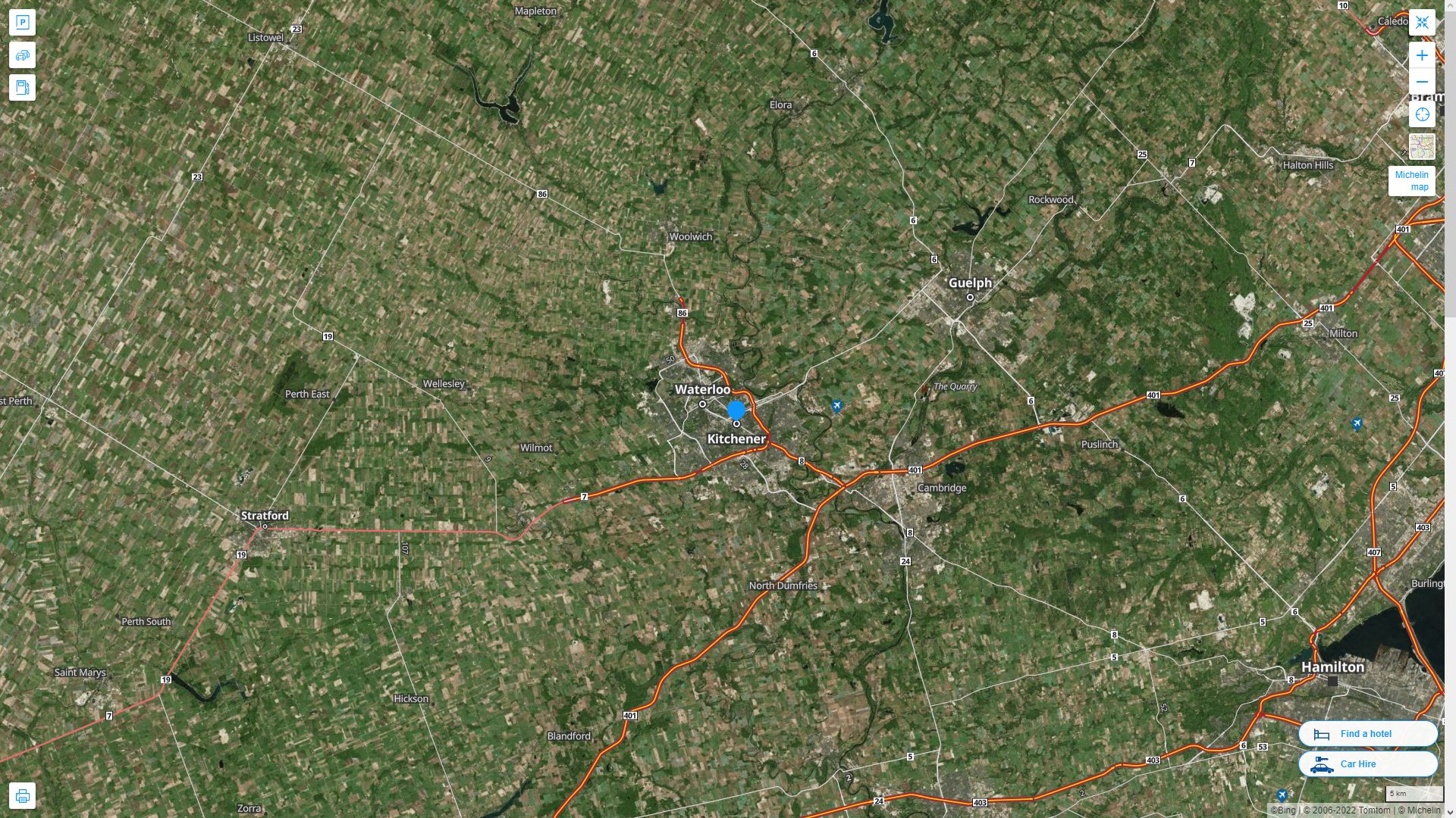 Kitchener Canada Autoroute et carte routiere avec vue satellite